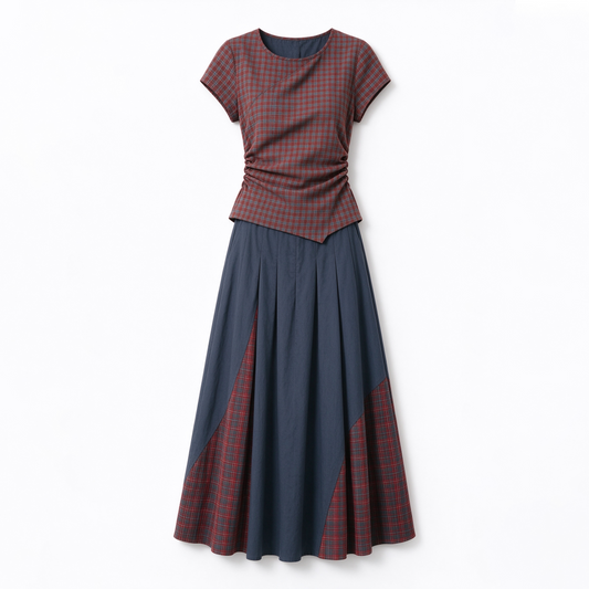 Red & Grey Plaid Crop Top & Navy Pleated Split Skirt Set