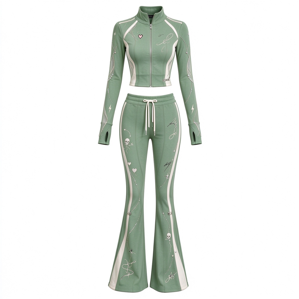Rhinestone Heart Skull Print Cropped Zip Jacket Flare Pants 2 Piece Set