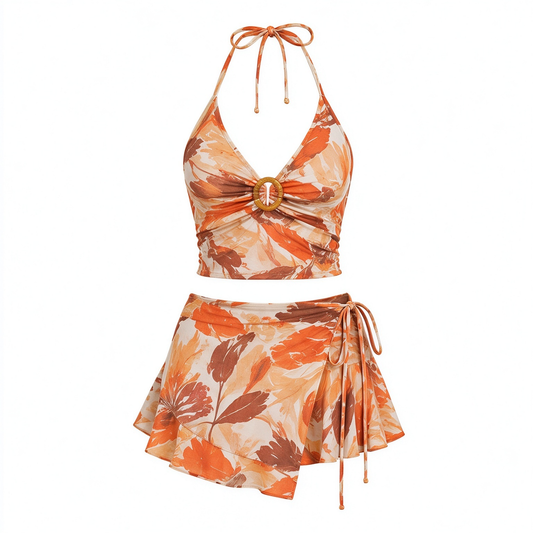 Tropical Orange Floral Halter Ring Detail Wrap Mini Skirt Summer Set