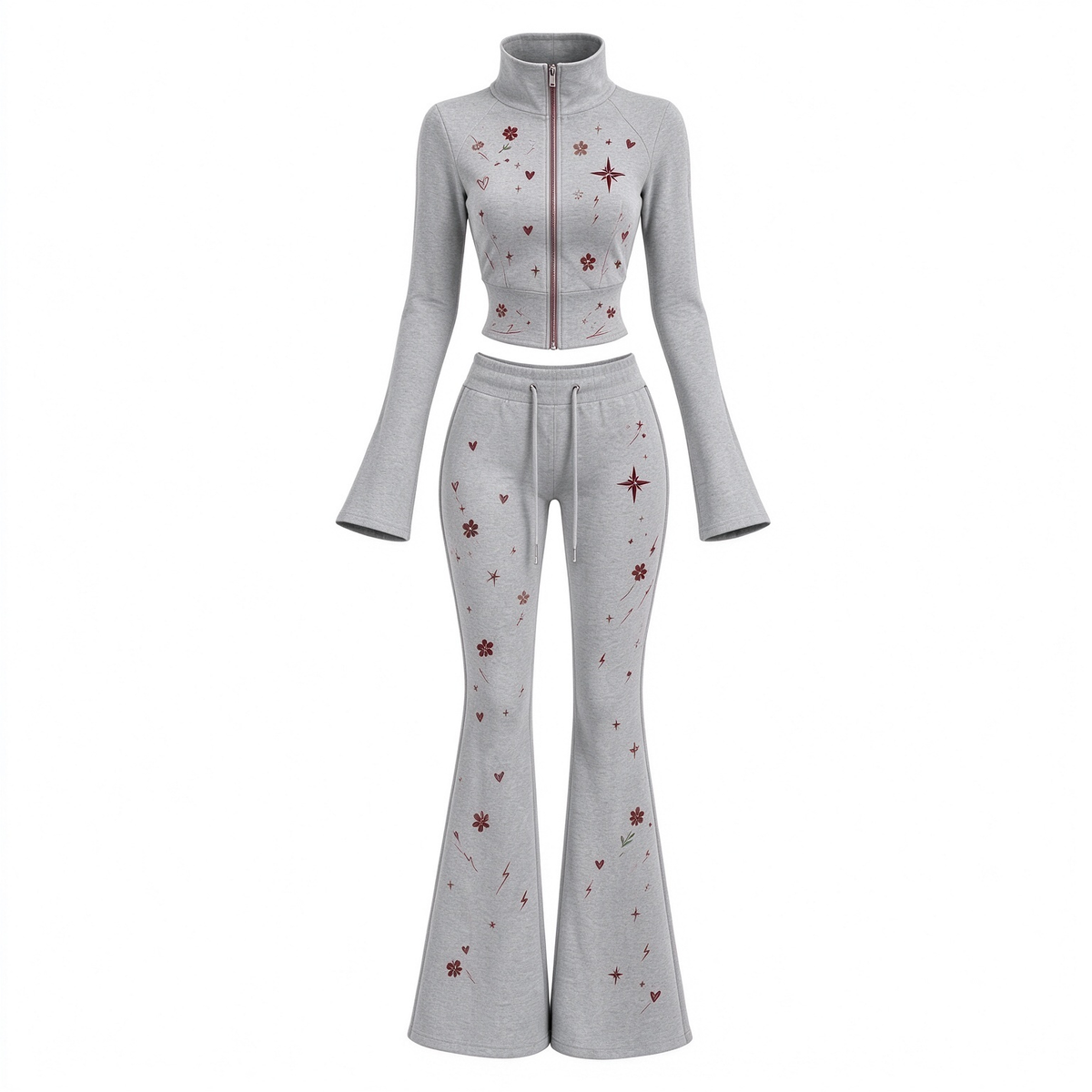 Floral Heart Star Cropped Zip Top & Flare Pants 2 Piece Activewear Set