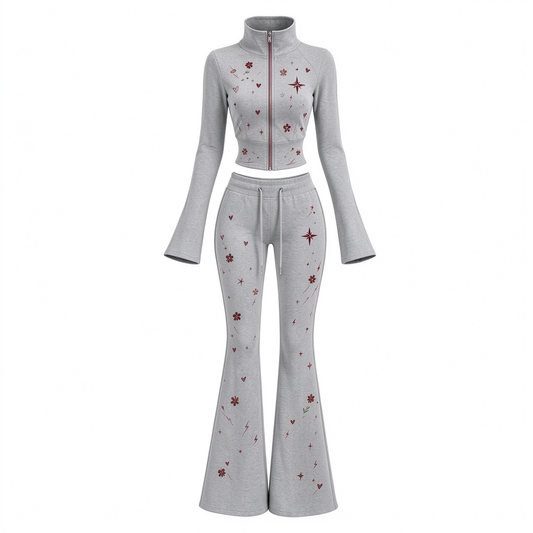 Floral Heart Star Cropped Zip Top & Flare Pants 2 Piece Activewear Set