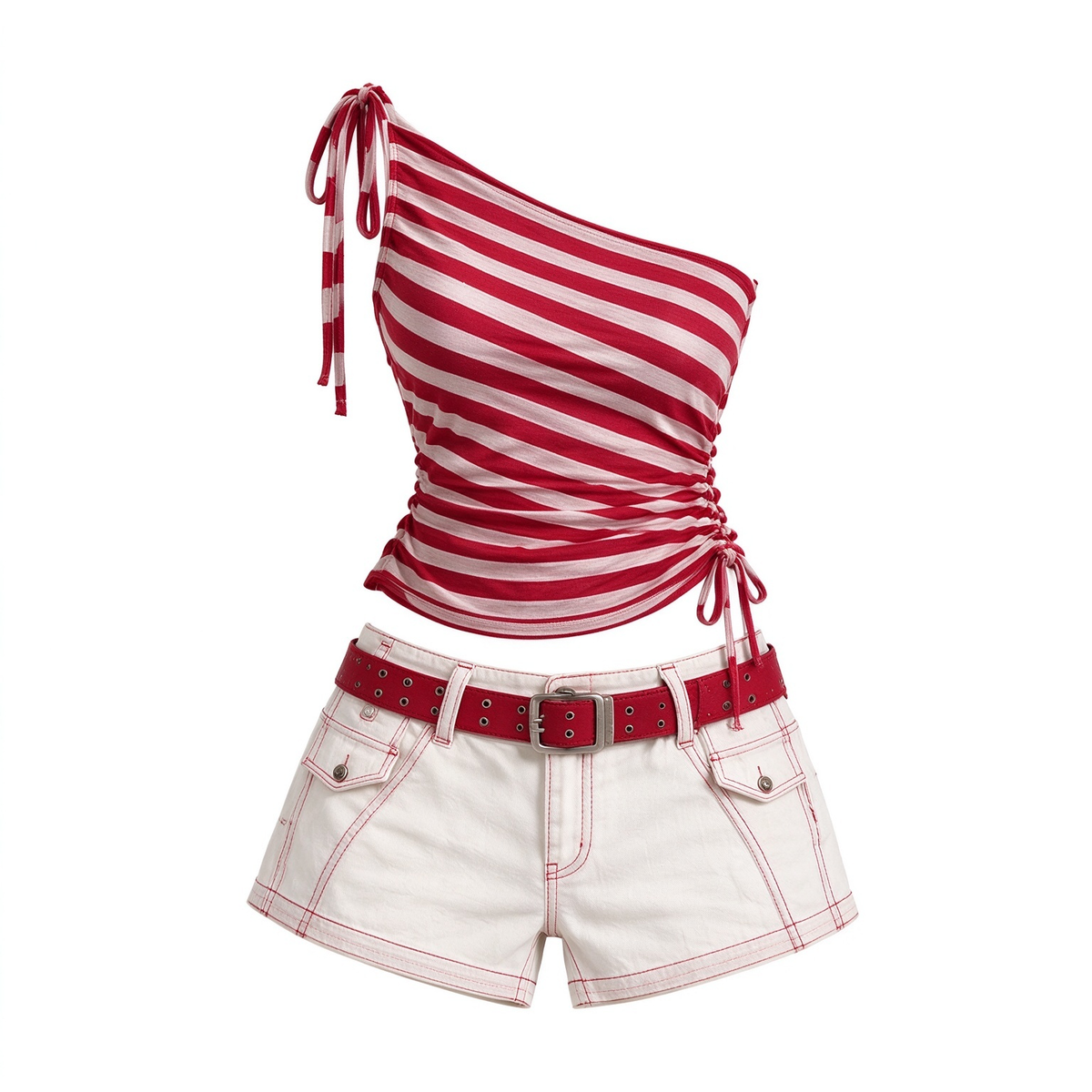 Red Striped One-Shoulder Top & White Contrast Stitch Shorts Set