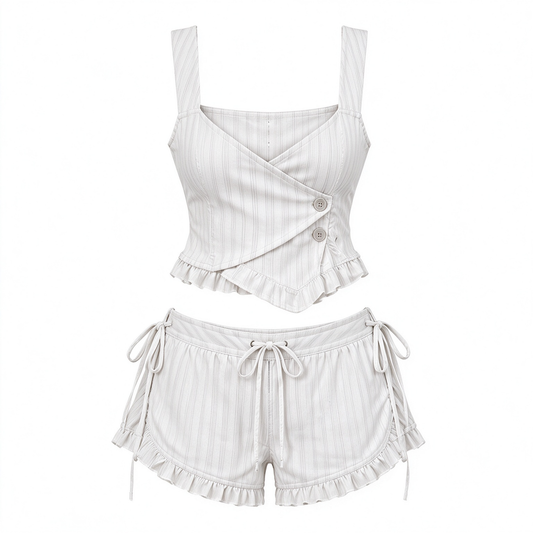 Pinstripe Wrap Cami & Ruffle Drawstring Shorts Set