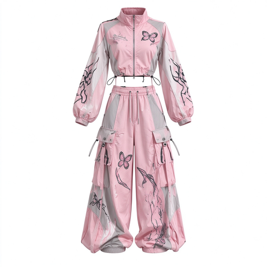 Butterfly Graffiti Cropped Jacket & Cargo Wide Leg Pants 2 Piece Streetwear Set