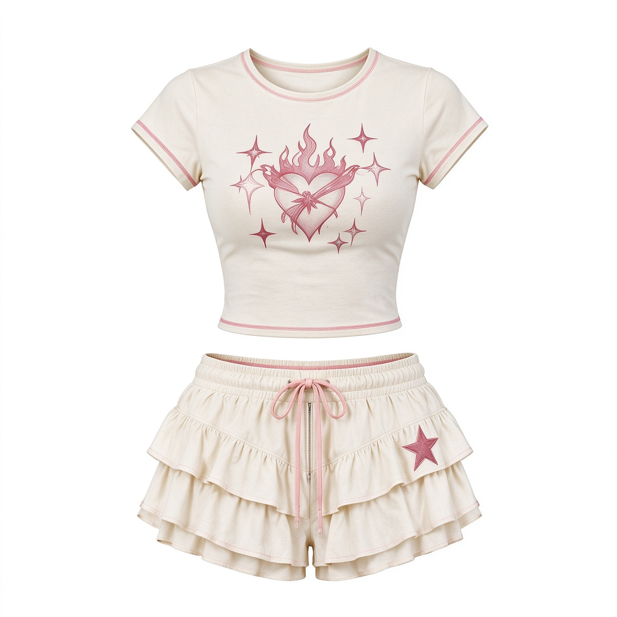Pink Flaming Heart Baby Tee & Tiered Ruffle Shorts Set