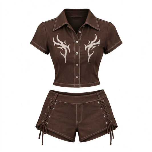 Brown Tribal Print Collared Shirt & Lace-Up Shorts Set