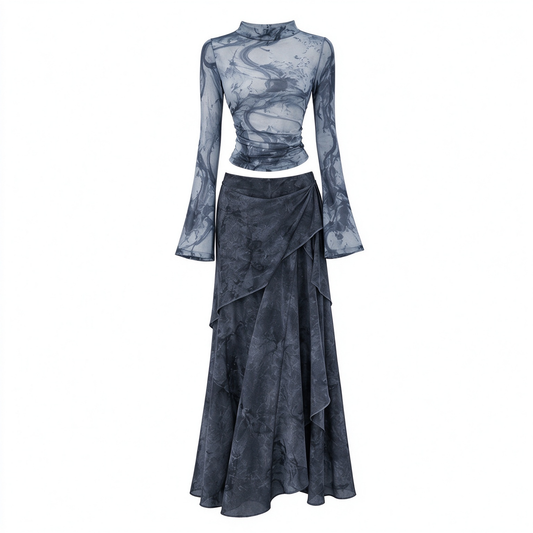 Smoky Blue Ink Wash Mock Neck Flare Sleeve Maxi Skirt Set