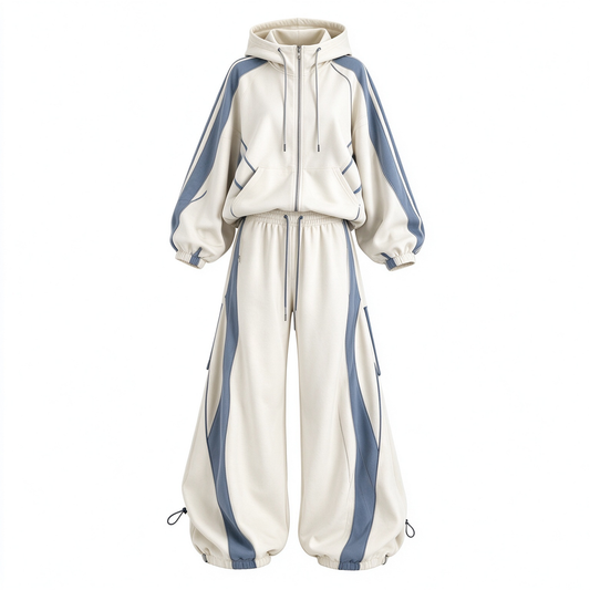 Block Oversized Zip Hoodie Wide Leg Sweatpants 2 Piece Tracksuit