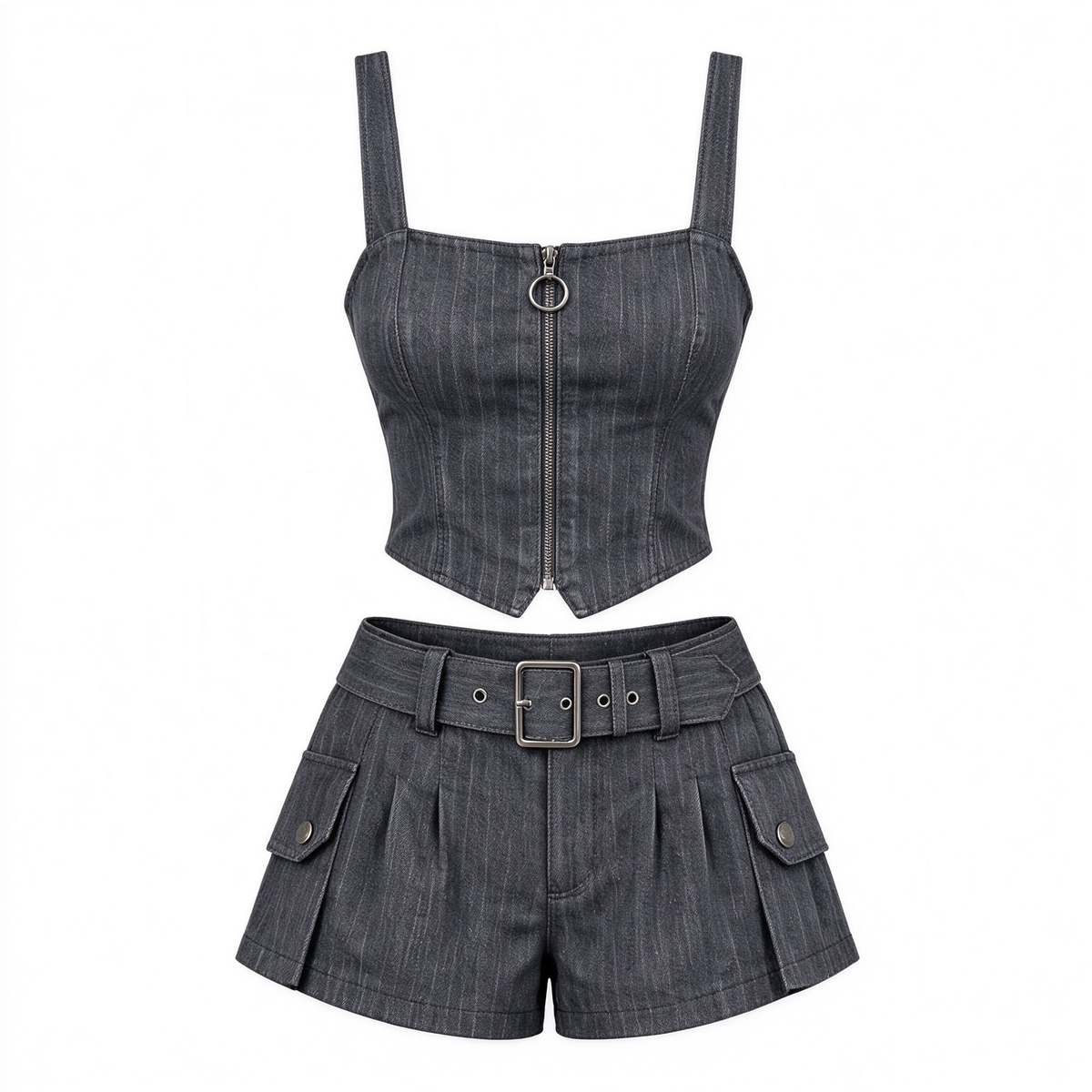 Charcoal Pinstripe Zip Cami & Belted Cargo Shorts Set