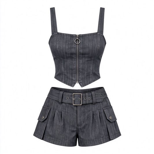 Charcoal Pinstripe Zip Cami & Belted Cargo Shorts Set