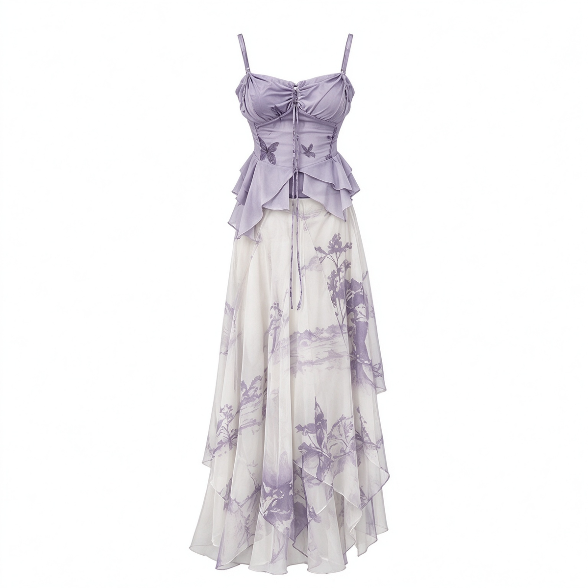 Lavender Butterfly Ruffle Cami Top Watercolor Floral Maxi Skirt Set
