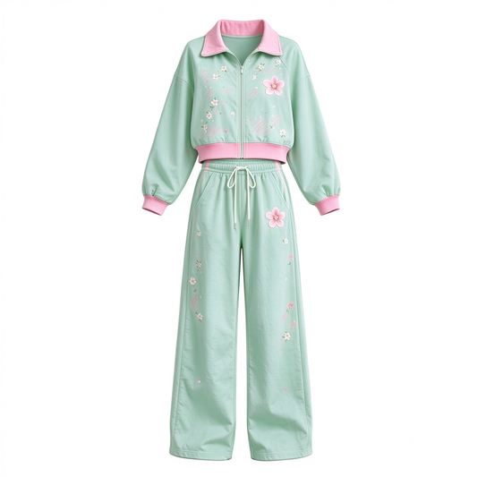 Green Pink Collar Floral Cropped Jacket & Wide Leg Pants 2 Piece Activewear Set