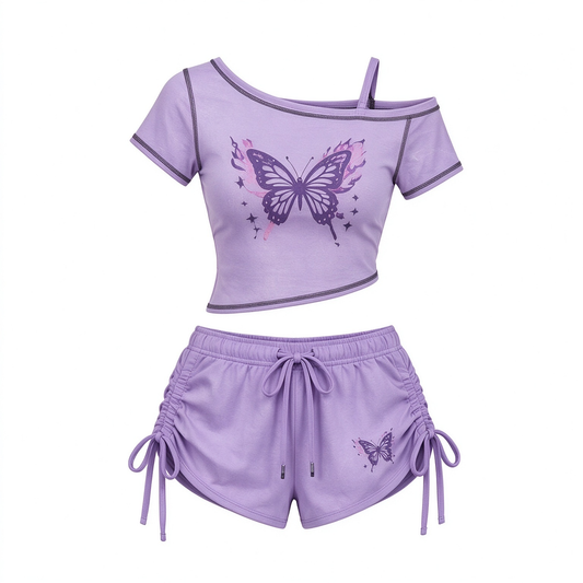 Lavender Butterfly Off-Shoulder Top & Ruched Shorts Set
