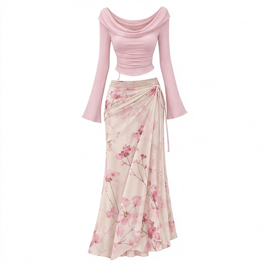 Blush Pink Cowl Neck Flare Sleeve Floral Wrap Maxi Skirt Set
