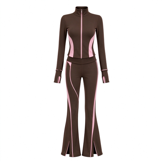 Brown Pink Color Block Slit Flare Pants 2 Piece Activewear Set