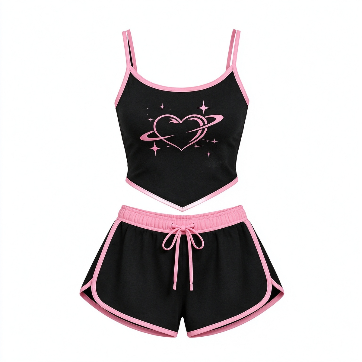 Black Pink Heart Saturn Cami & Dolphin Shorts Set