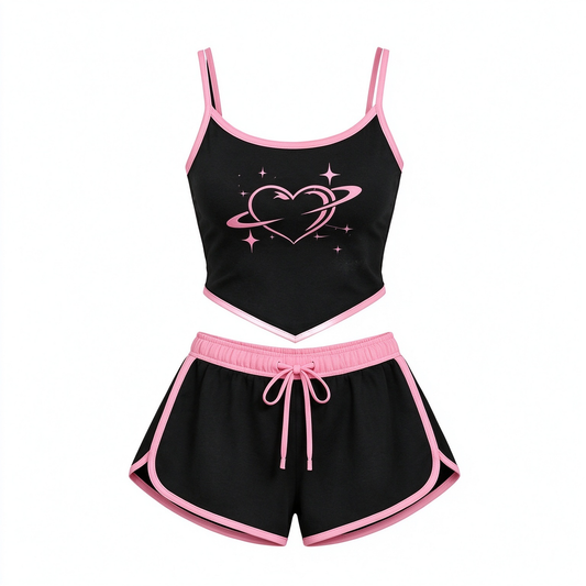Black Pink Heart Saturn Cami & Dolphin Shorts Set