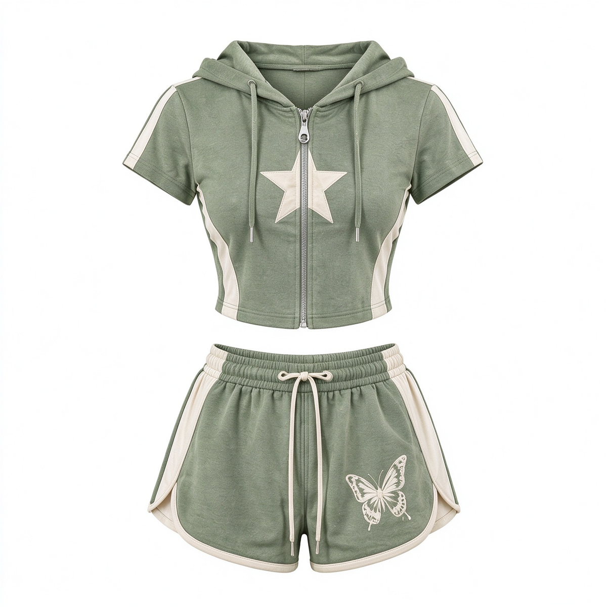 Olive Green & Cream Color-Block Crop Zip Top & Drawstring Shorts 2 Piece Set