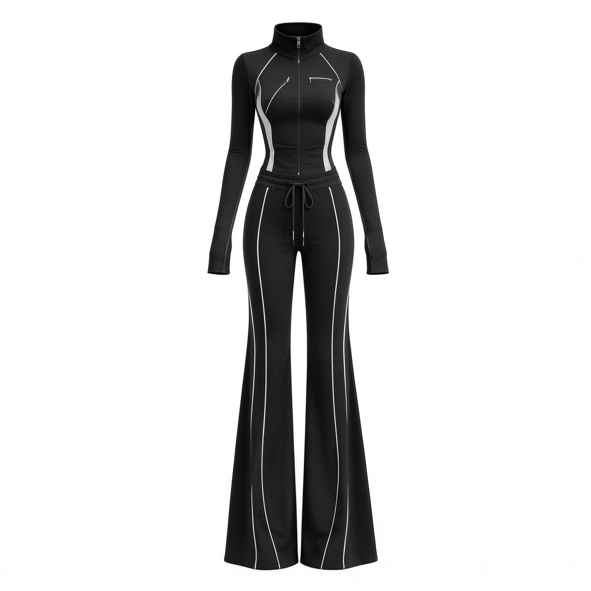 Black High-Collar Zip Jacket & High-Waist Flare Pants 2 Piece Activewear Set