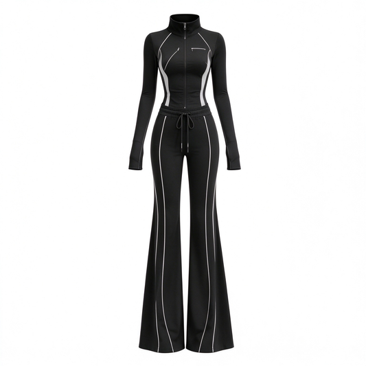 Black High-Collar Zip Jacket & High-Waist Flare Pants 2 Piece Activewear Set