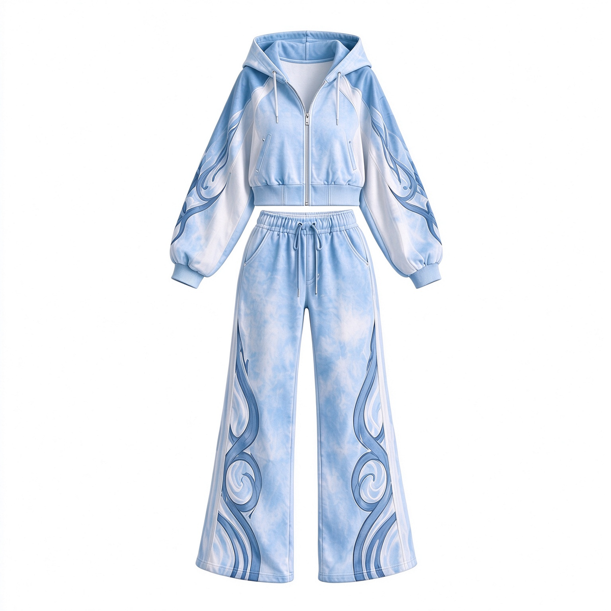 Blue & White Tie-Dye Print Crop Zip Hoodie & Wide-Leg Pants 2 Piece Set