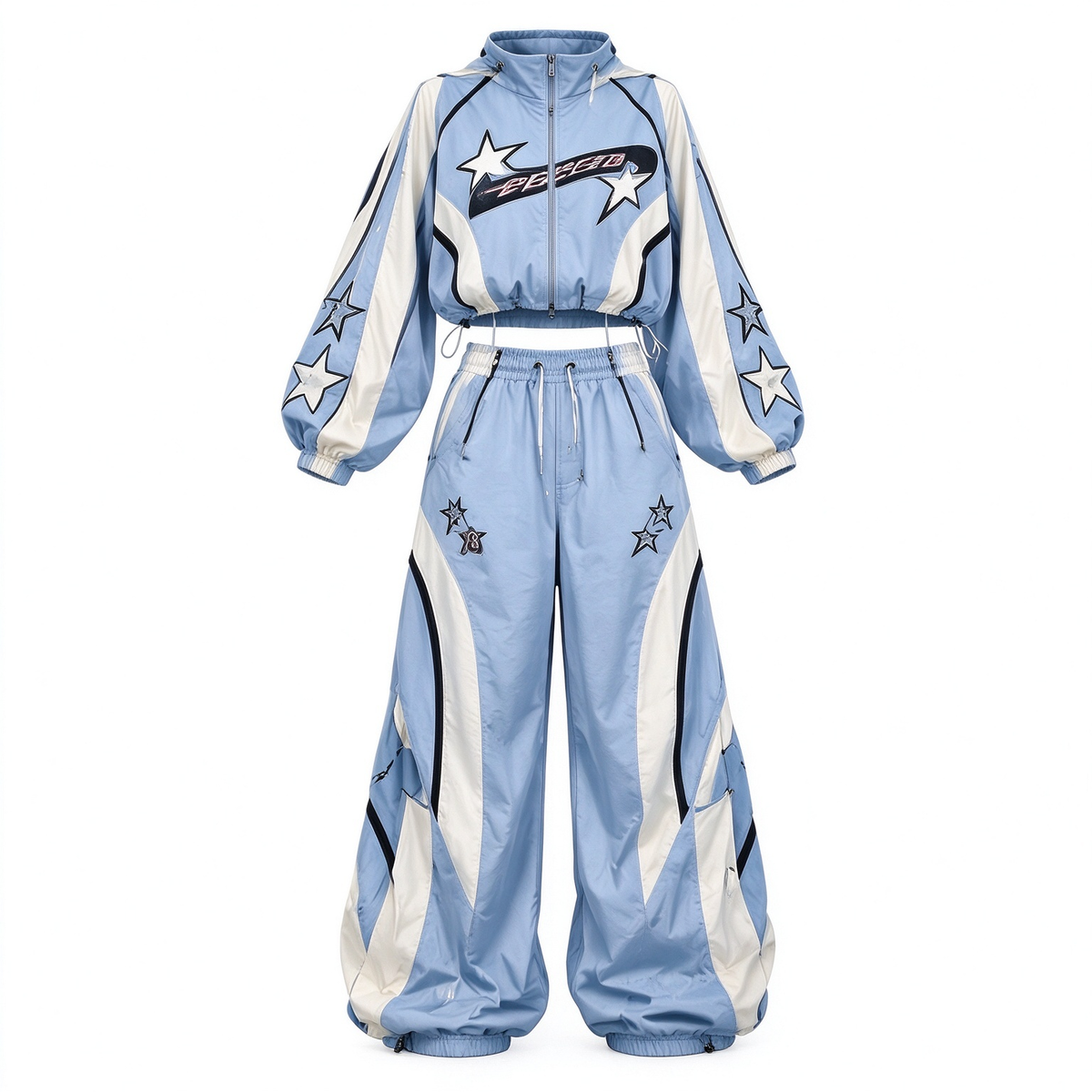 Blue & White Star Print Cropped Zip Jacket & Cuffed Wide-Leg Pants Streetwear Set