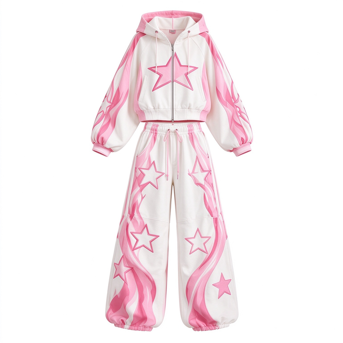 White & Pink Flame Star Print Crop Hoodie & Cuffed Jogger Set