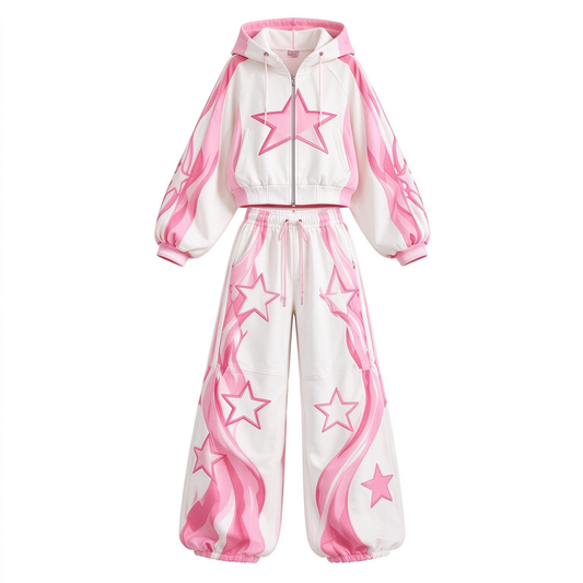 White & Pink Flame Star Print Crop Hoodie & Cuffed Jogger Set