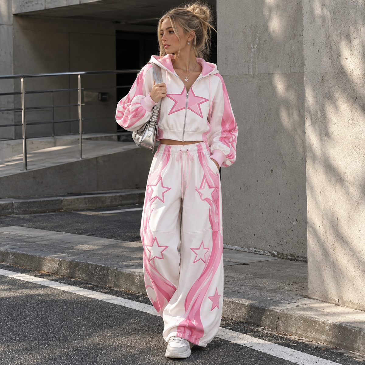 White & Pink Flame Star Print Crop Hoodie & Cuffed Jogger Set
