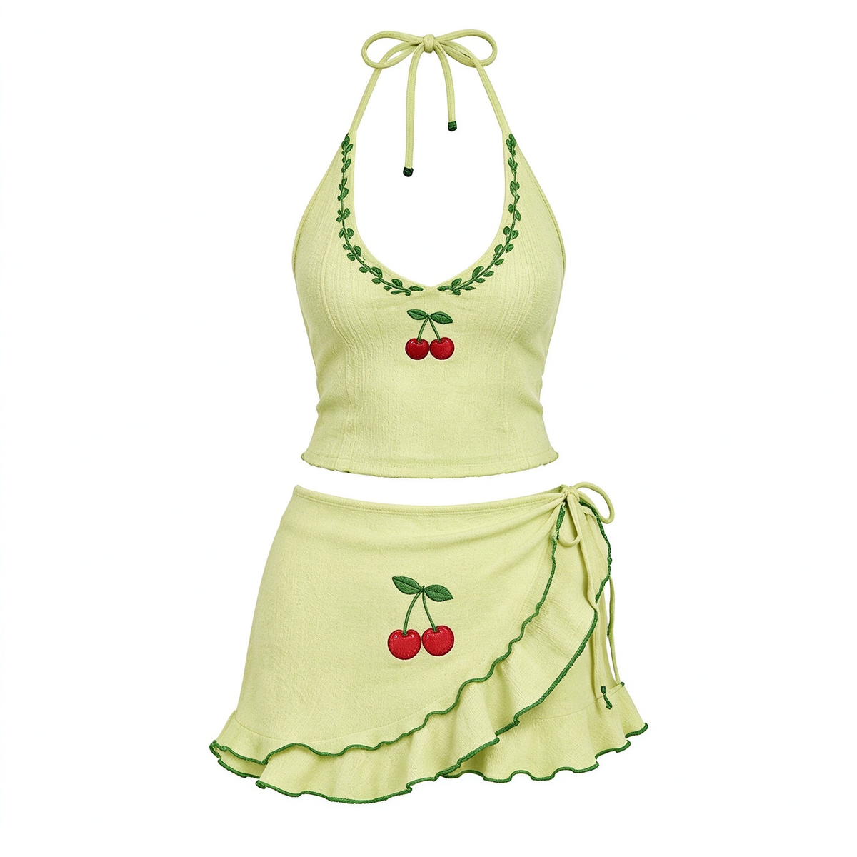 Pale Yellow-Green Halter Crop Top & Wrap Ruffle Skirt with Cherry Embroidery Set