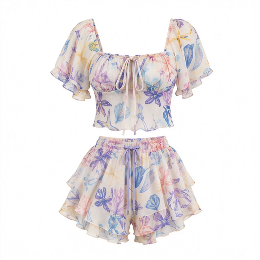 Chiffon Puff-Sleeve Crop Top & Ruffle High-Waist Shorts Set with Watercolor Floral Print