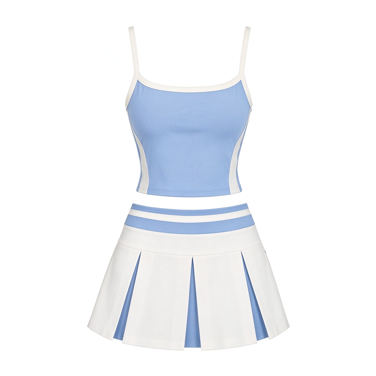 Light Blue Ribbed Cami Crop Top & White Pleated Tennis Skirt Set