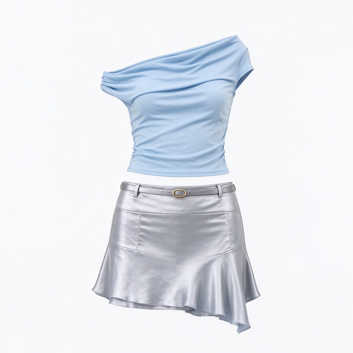 Light Blue Off-Shoulder Crop Top & Silver Metallic Mermaid Mini Skirt Set