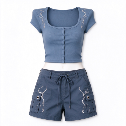 Blue Flame Print Square Neck Top And Cargo Shorts Set