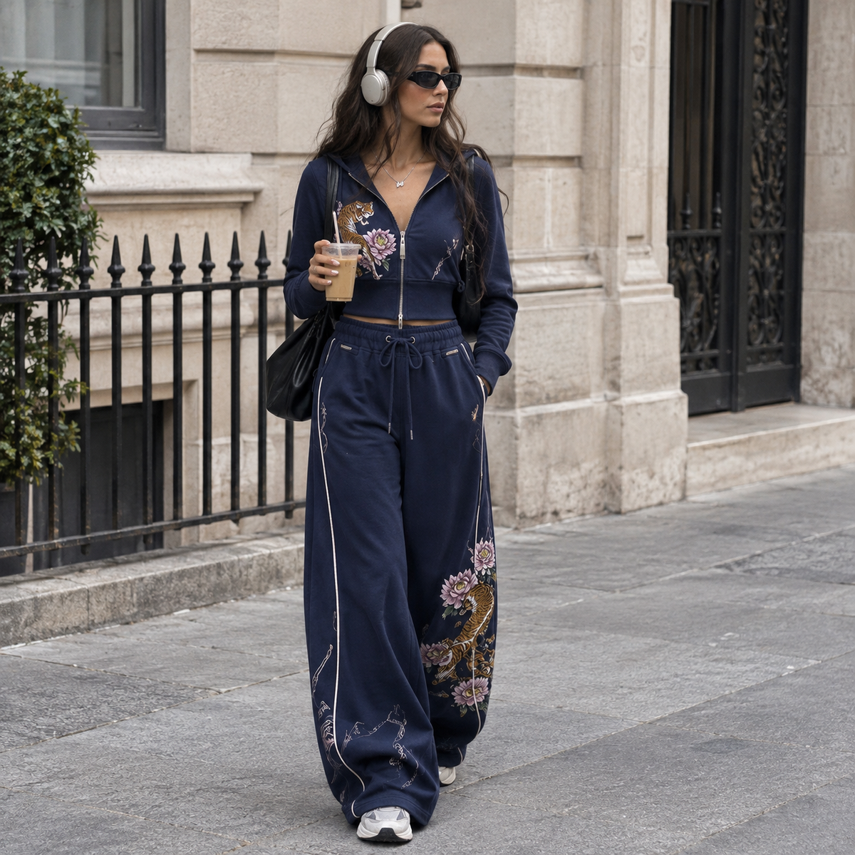 Tiger & Peony Embroidered Crop Zip Hoodie & Wide-Leg Pants Set