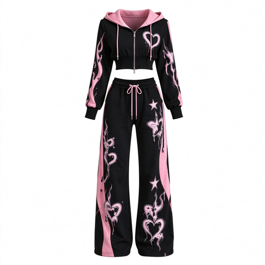 Black & Pink Graffiti Print Crop Hoodie & Wide-Leg Jogger Set