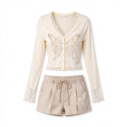 Cream Butterfly Lace Trim Long Sleeve Top And Shorts Set