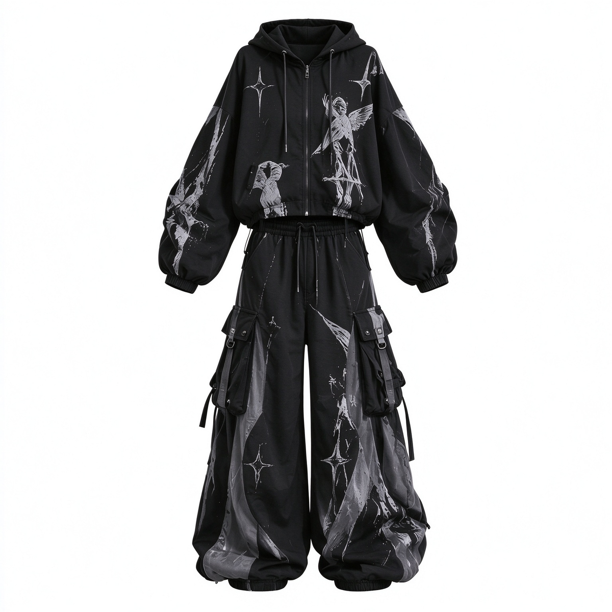 Black Cargo Hoodie & Wide-Leg Cargo Pants Streetwear Set