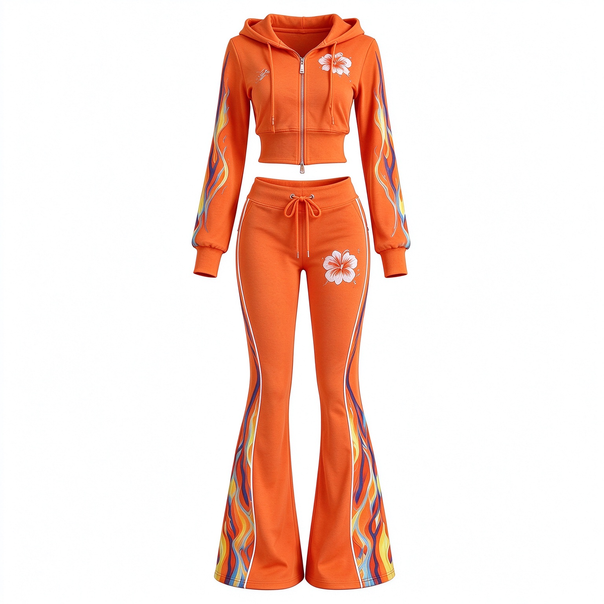Orange Flame Print Crop Hoodie & Flare Pants Activewear Set
