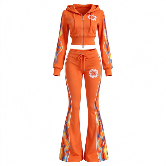 Orange Flame Print Crop Hoodie & Flare Pants Activewear Set