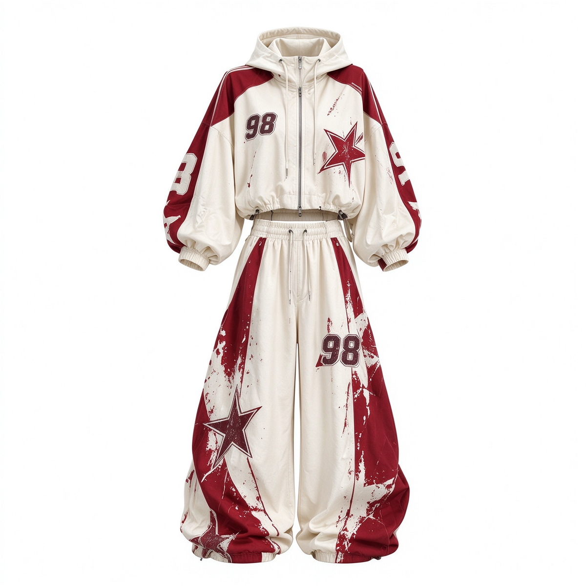 Retro 98 Cream & Wine Red Star Print Crop Hoodie & Wide-Leg Pants Set
