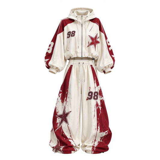 Retro 98 Cream & Wine Red Star Print Crop Hoodie & Wide-Leg Pants Set