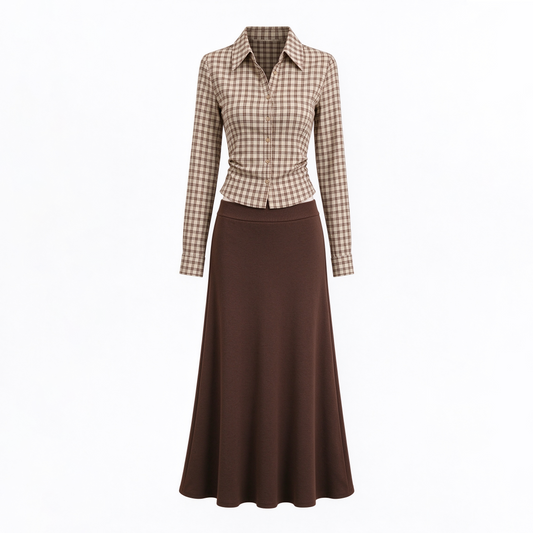 Khaki & Brown Plaid Long-Sleeve Shirt & Brown High-Waist Mermaid Skirt Set