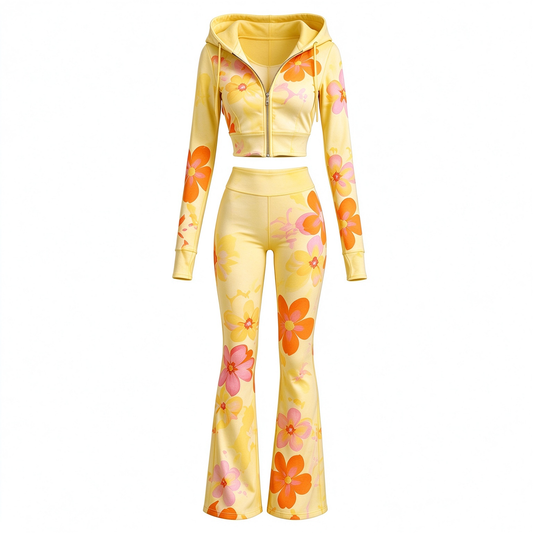Sunny Yellow Floral Print Crop Hoodie & Flare Pants Set