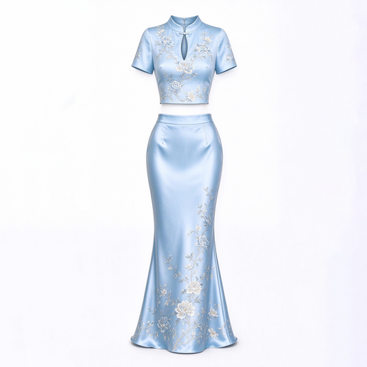 Light Blue Satin Qipao Crop Top & High-Waist Mermaid Skirt Set