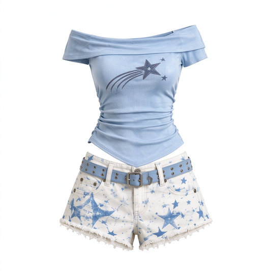 Blue Shooting Star Off Shoulder Top And Denim Shorts Set
