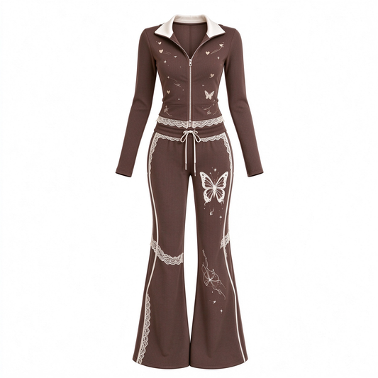 Chocolate Brown Heart & Butterfly Lace Trim Crop Jacket & Flare Pants Set