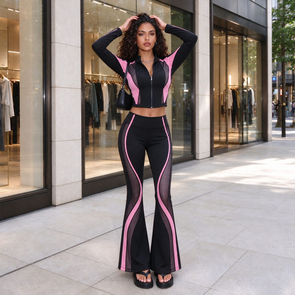 Mesh Panel Y2K Workout 2 Piece Set Cropped Zip Jacket & Flare Pants
