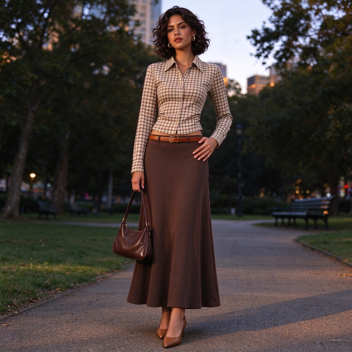 Khaki & Brown Plaid Long-Sleeve Shirt & Brown High-Waist Mermaid Skirt Set