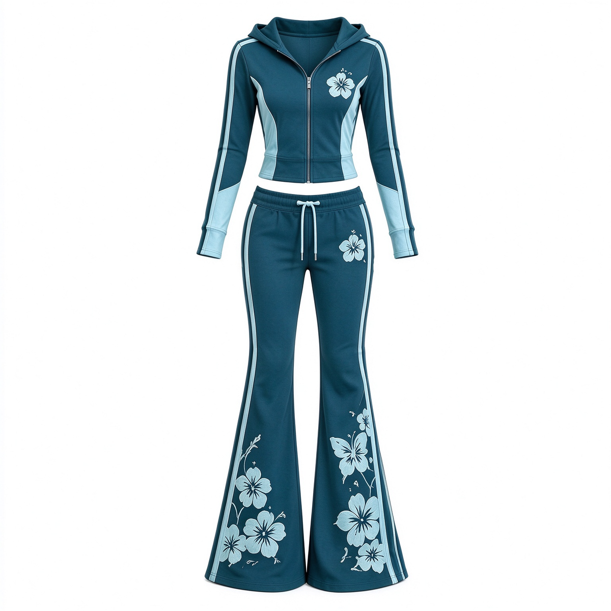 Teal Floral Print Color-Block Crop Jacket & Flare Pants Set